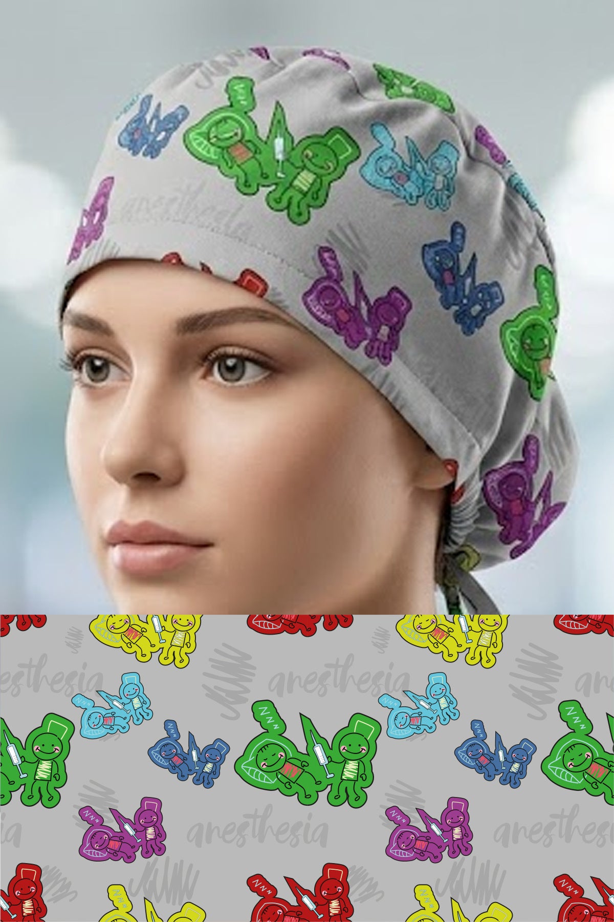 Anesthesia Desenli Cerrahi Bone Unisex – Likralı Doktor Hemşire Bonesi - Anesthesia