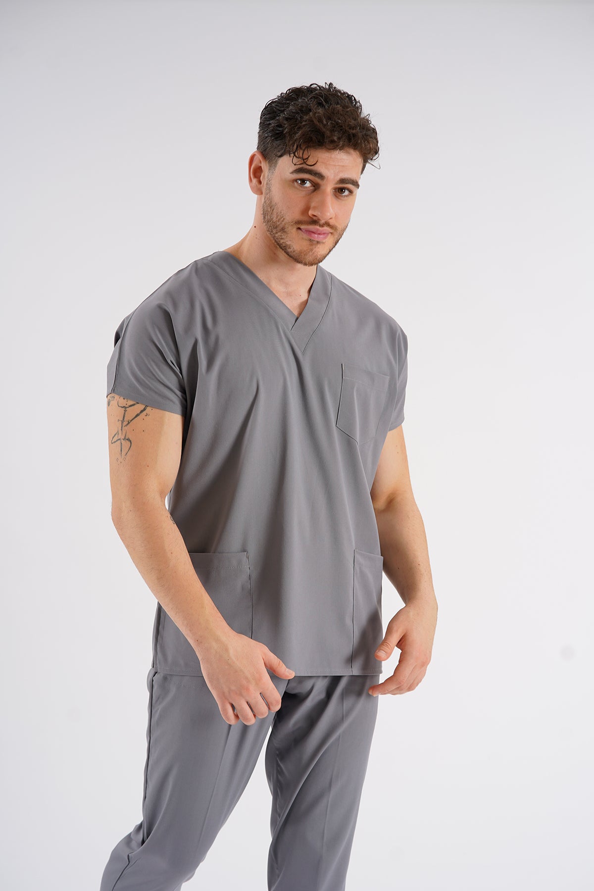Gri Dr. Greys Modeli Likralı Hemşire Forması Unisex Yarasa Kol Doktor Scrubs Hastane Takımı