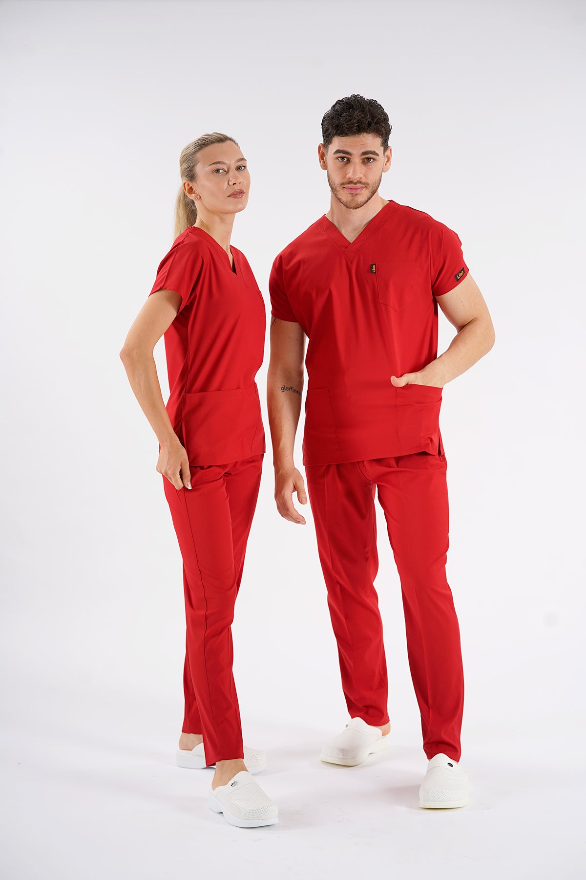 Kırmızı Dr. Greys Modeli Likralı Hemşire Forması Unisex Yarasa Kol Doktor Scrubs Hastane Takımı