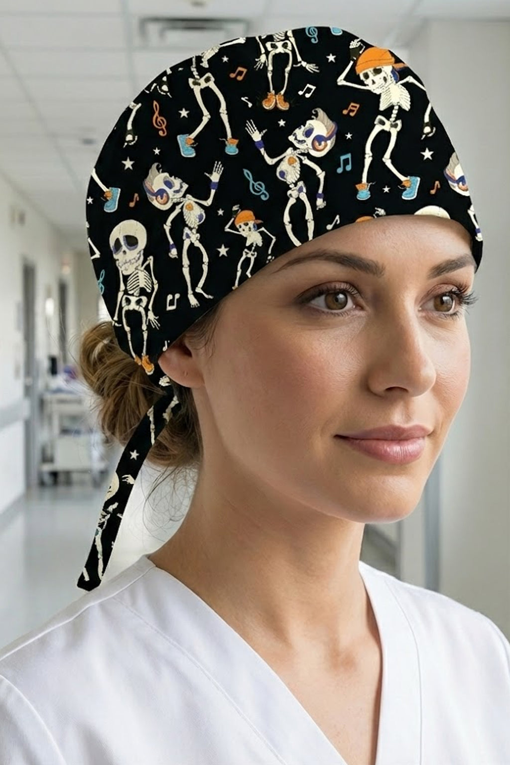 Dans Eden İskelet Desenli Cerrahi Bone Unisex – Likralı Doktor Hemşire Bonesi - Dans Eden İskelet