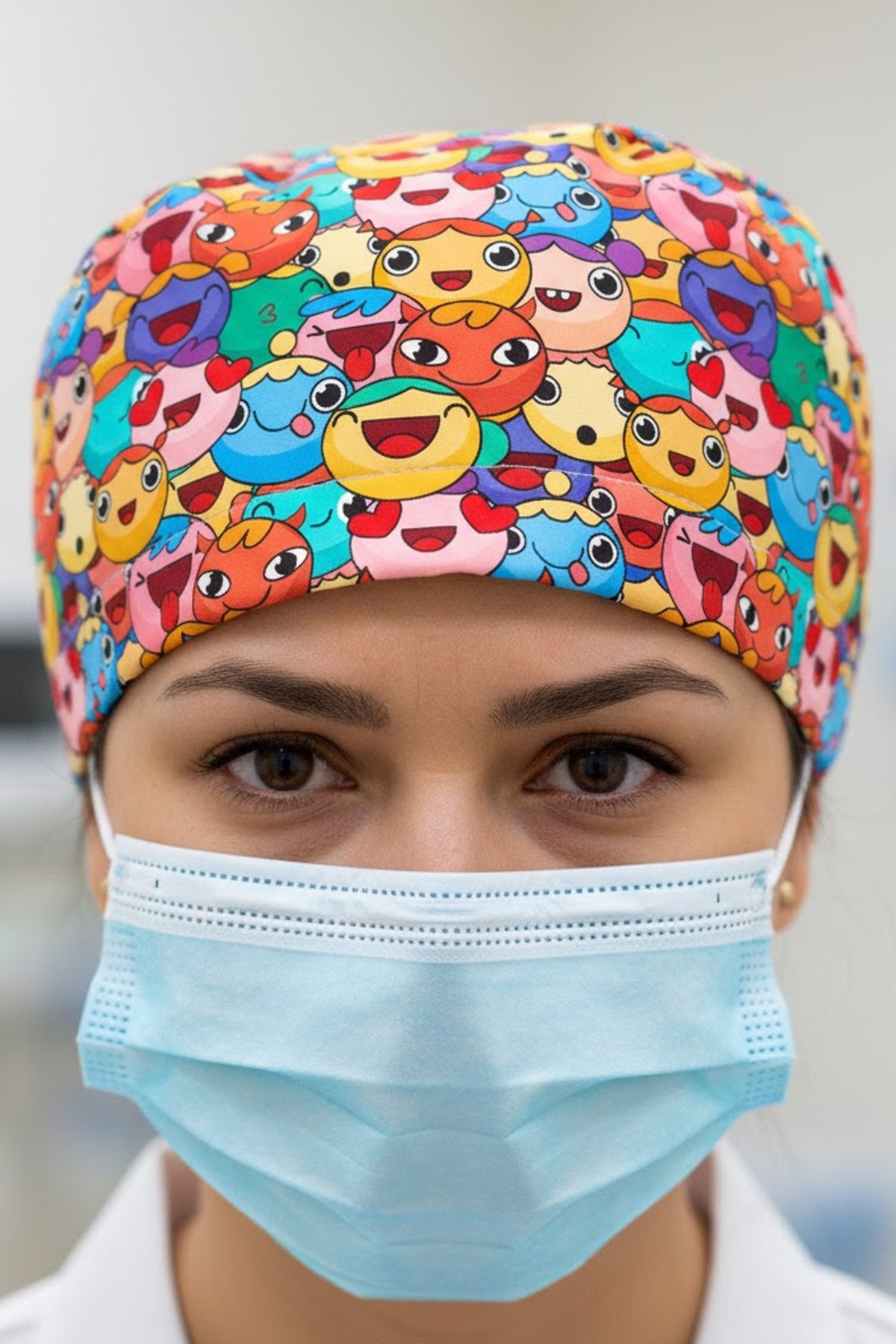 Gülen Renkli Surat Desenli Cerrahi Bone Unisex – Likralı Doktor Hemşire Bonesi - Gülen Renkli Surat