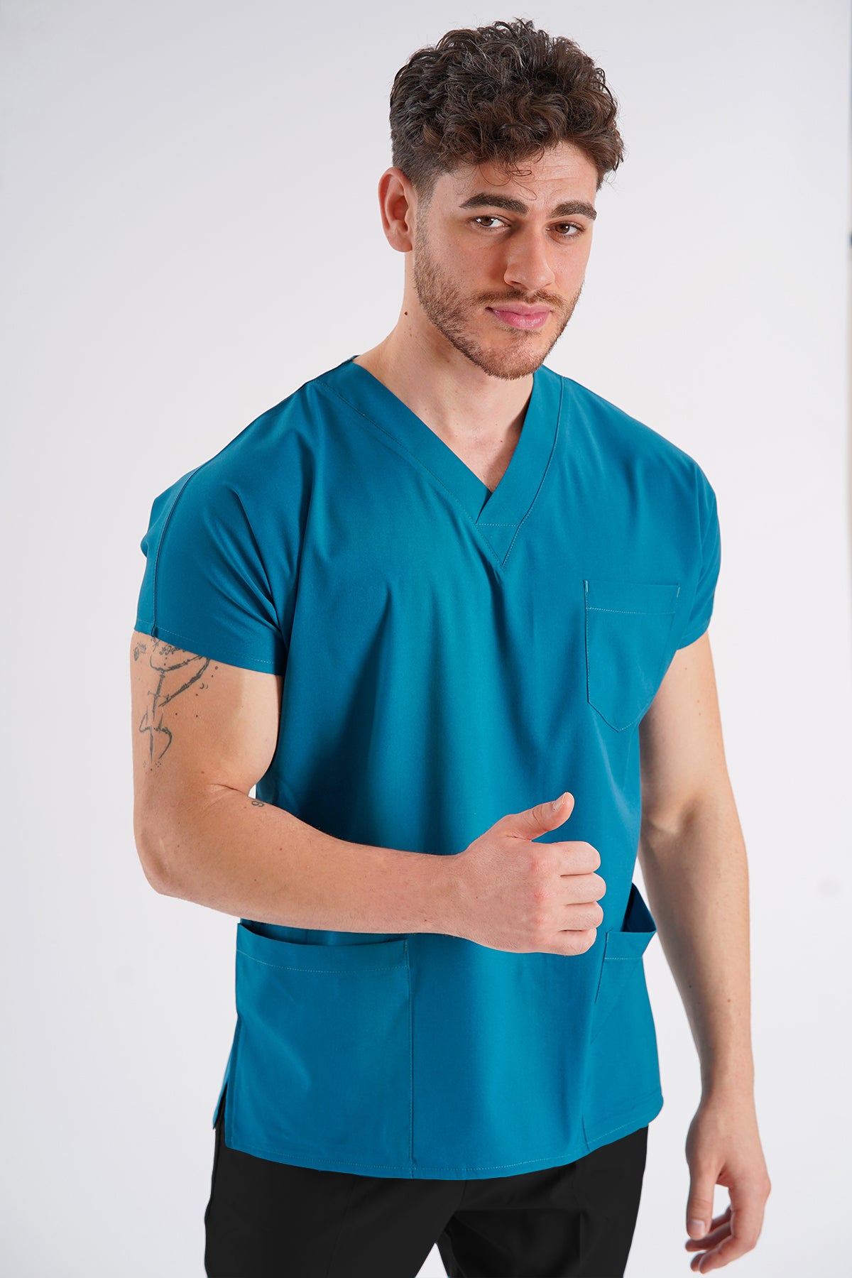 Açık Petrol Yeşili Dr.Greys Modeli Likralı Hemşire Doktor Forması Scrubs Tek Üst Unisex