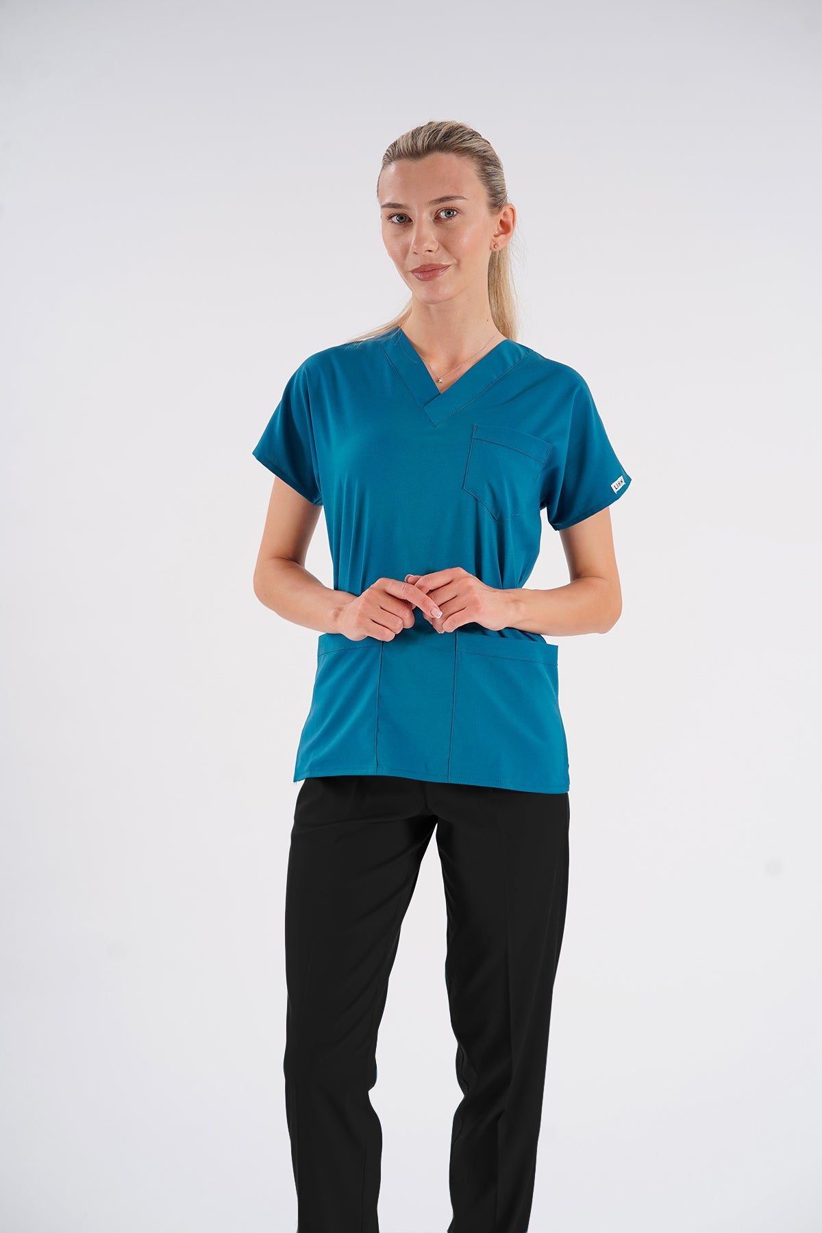 Açık Petrol Yeşili Dr.Greys Modeli Likralı Hemşire Doktor Forması Scrubs Tek Üst Unisex