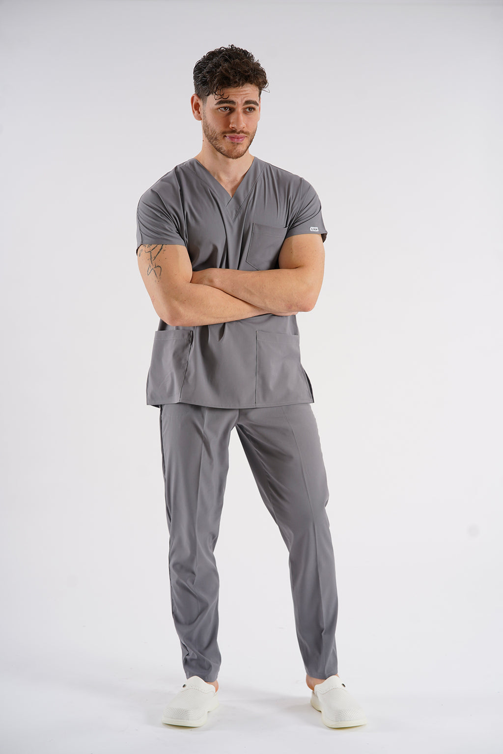 Gri Dr. Greys Modeli Likralı Hemşire Forması Unisex Yarasa Kol Doktor Scrubs Hastane Takımı