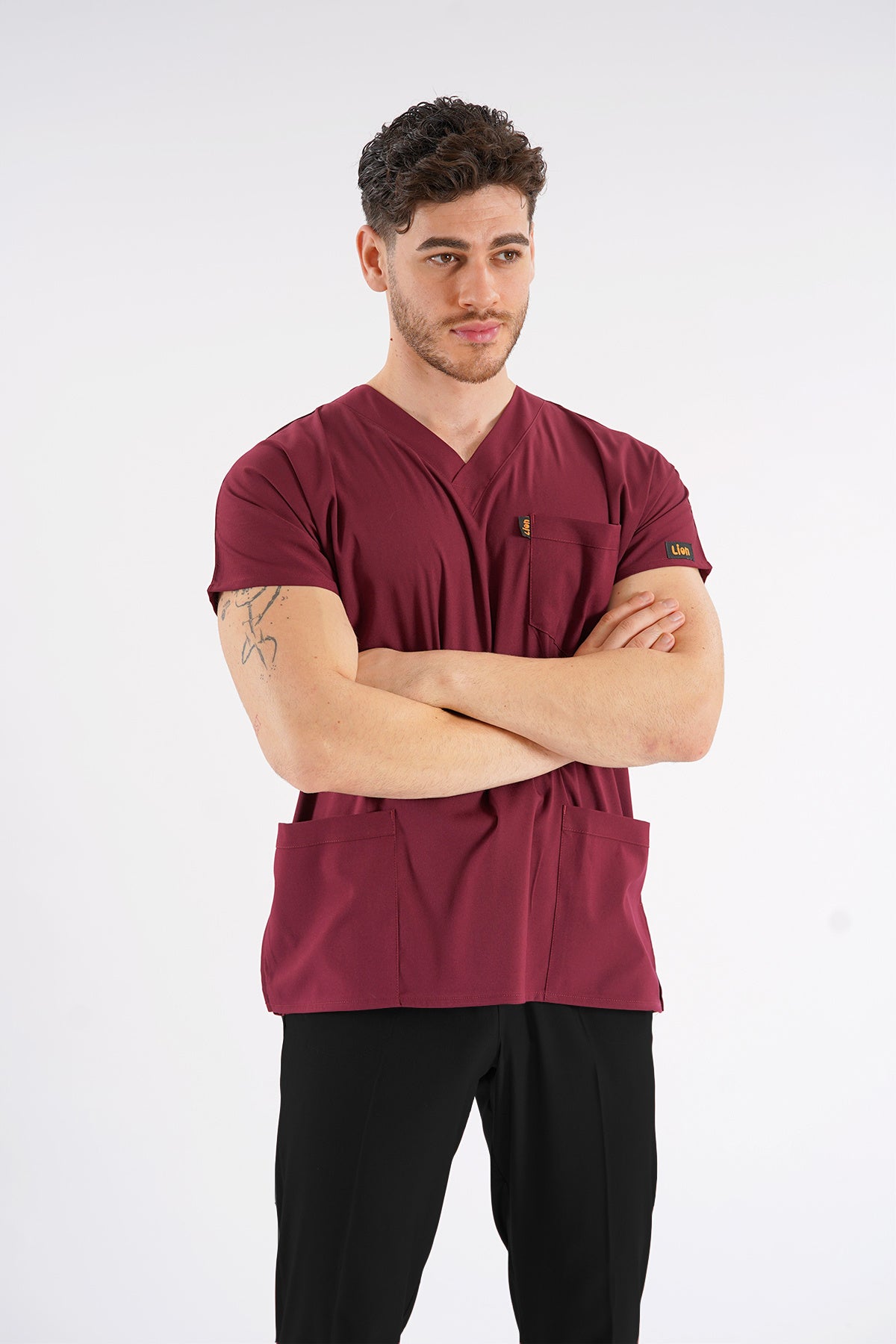 Bordo Dr.Greys Modeli Likralı Hemşire Doktor Forması Scrubs Tek Üst Unisex Yarasa Kol