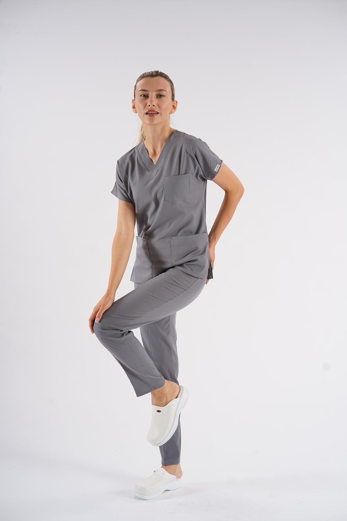 Gri Dr. Greys Modeli Likralı Hemşire Forması Unisex Yarasa Kol Doktor Scrubs Hastane Takımı