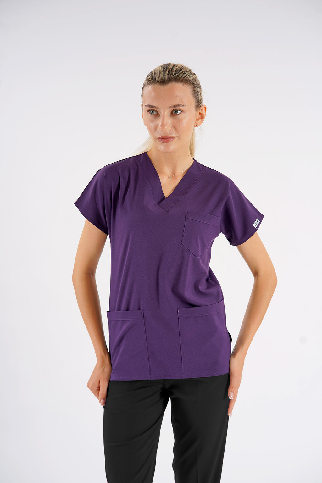 Mor Dr.Greys Modeli Likralı Hemşire Doktor Forması Scrubs Tek Üst Unisex Yarasa Kol