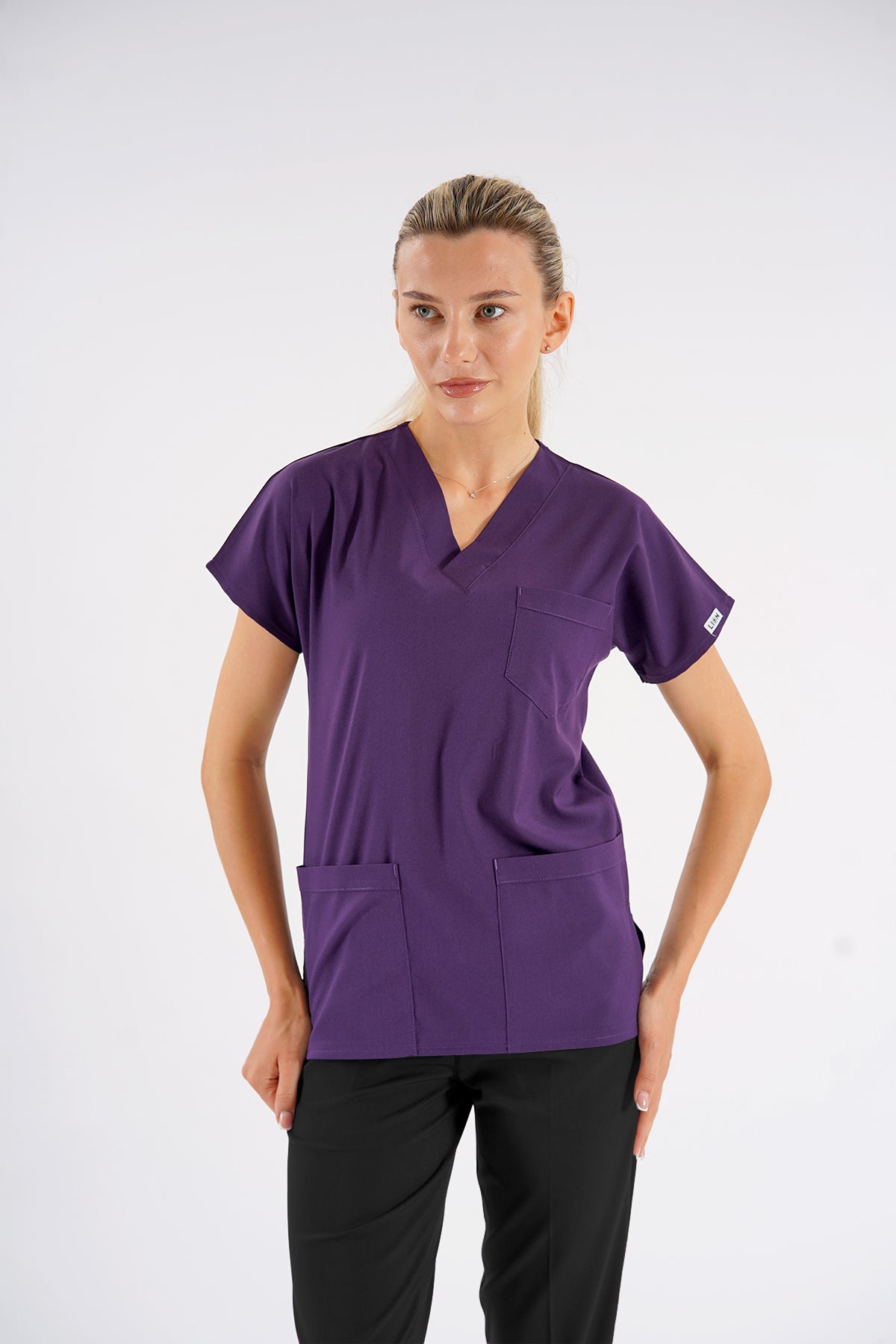 Mor Dr.Greys Modeli Likralı Hemşire Doktor Forması Scrubs Tek Üst Unisex Yarasa Kol