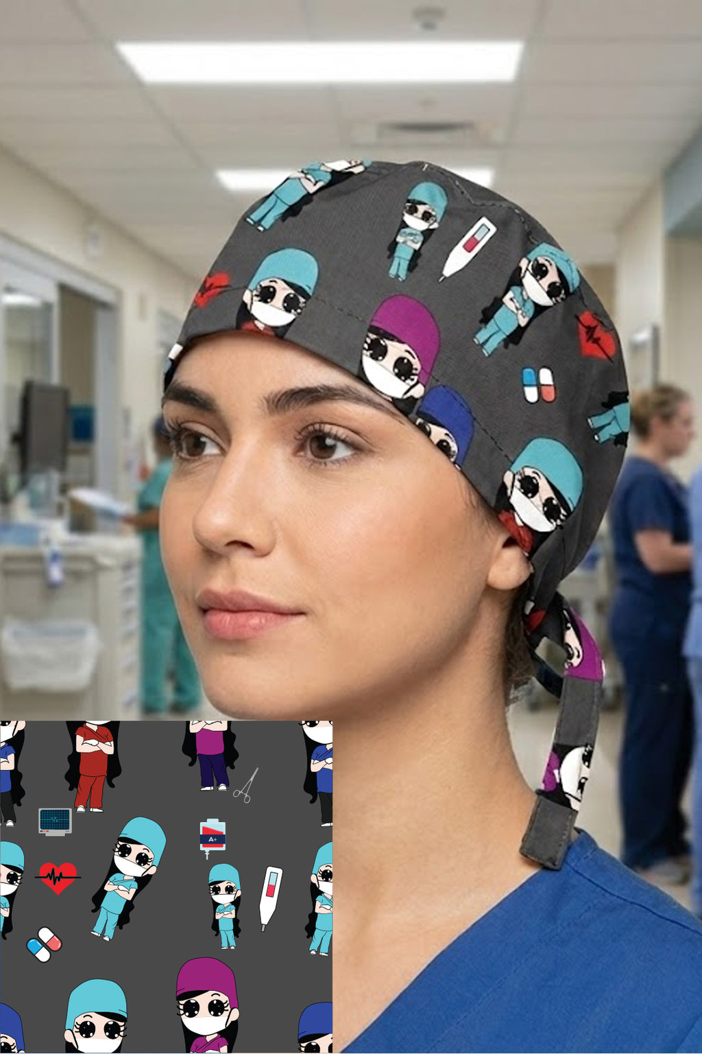 Ponçik Hemşire Desenli Cerrahi Bone Unisex – Likralı Doktor Hemşire Bonesi - Ponçik Hemşire
