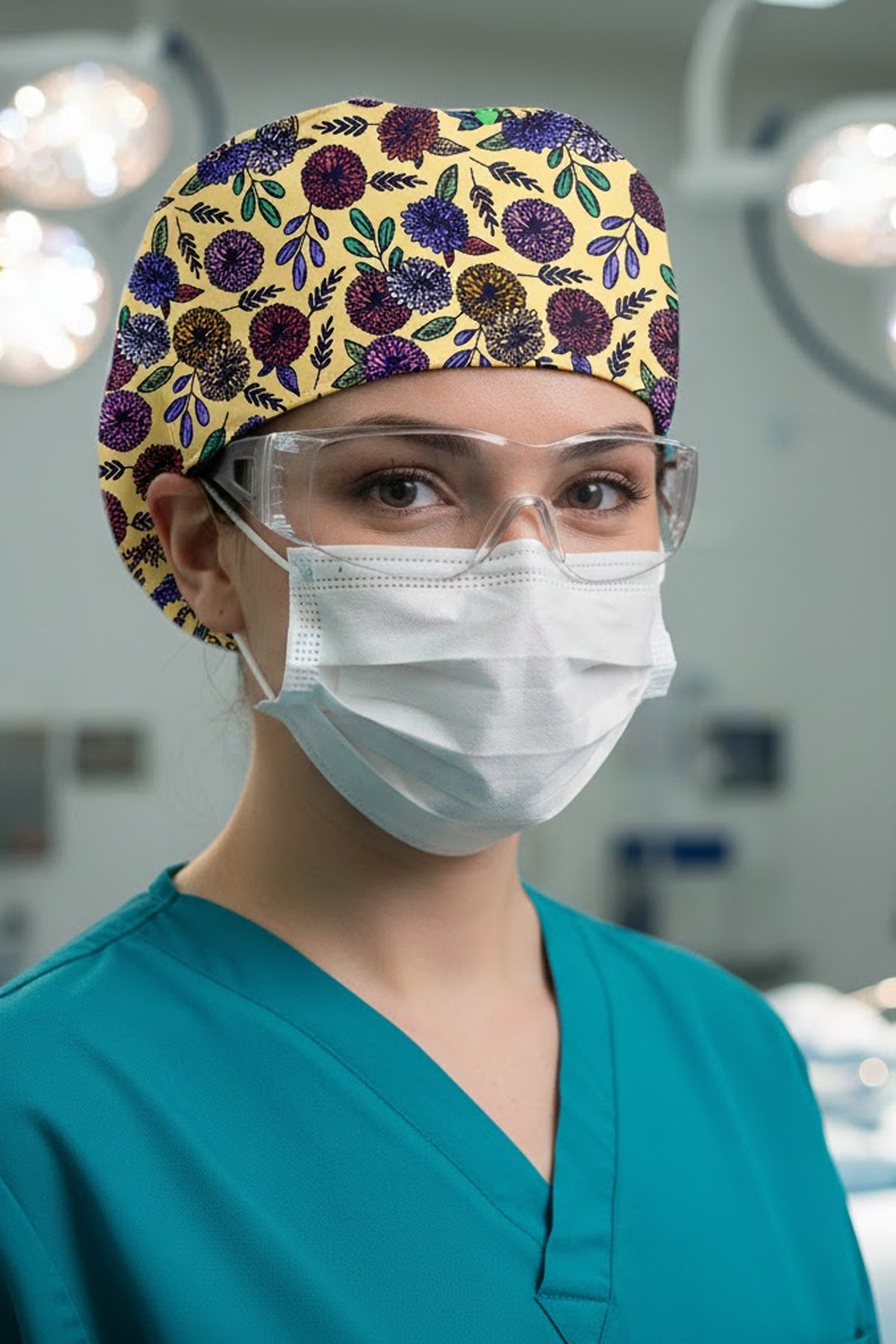 Sarı Kasımpatı Desenli Cerrahi Bone Unisex – Likralı Doktor Hemşire Bonesi - Sarı Kasımpatı