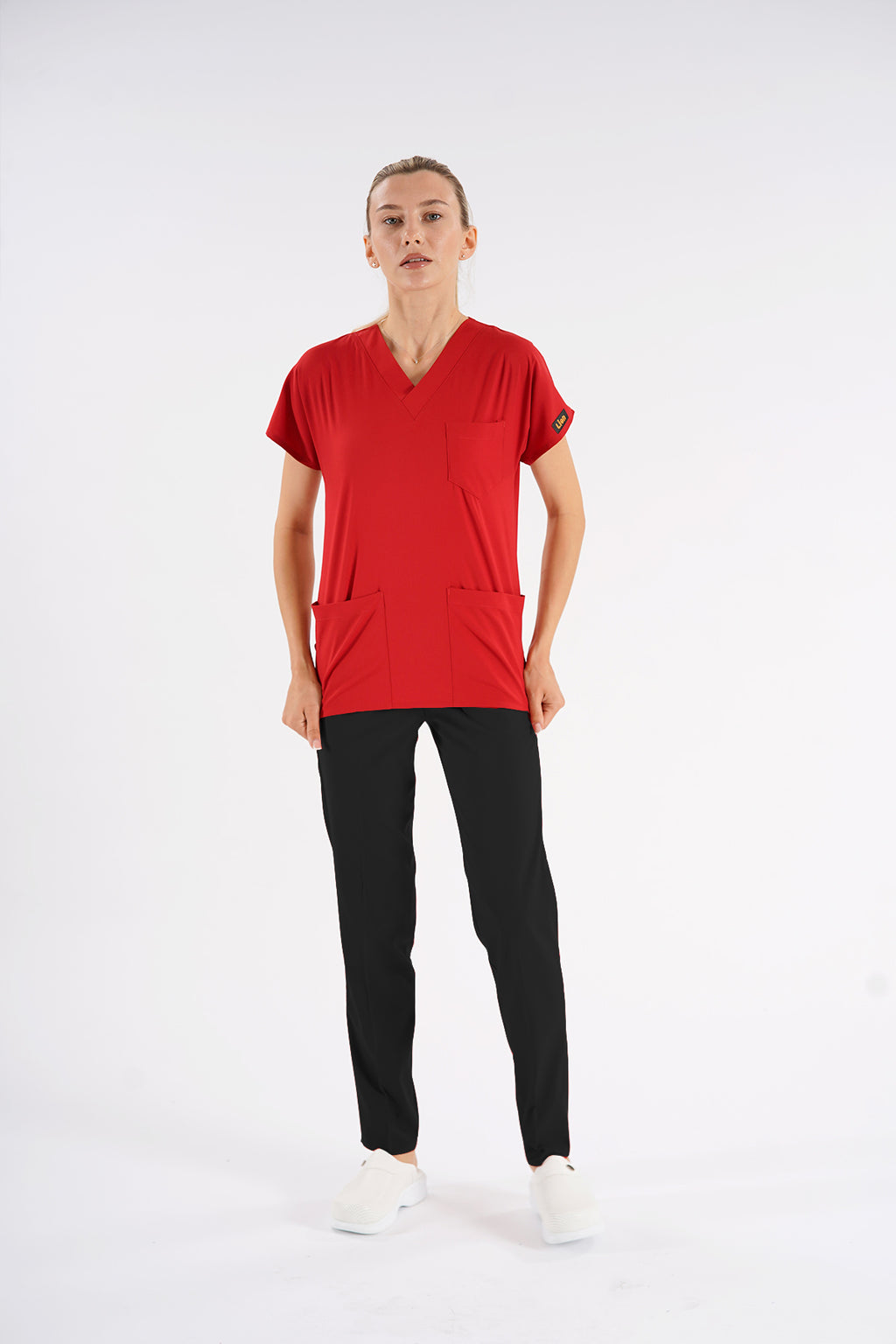 Kırmızı Dr.Greys Modeli Likralı Hemşire Doktor Forması Scrubs Tek Üst Unisex Yarasa Kol