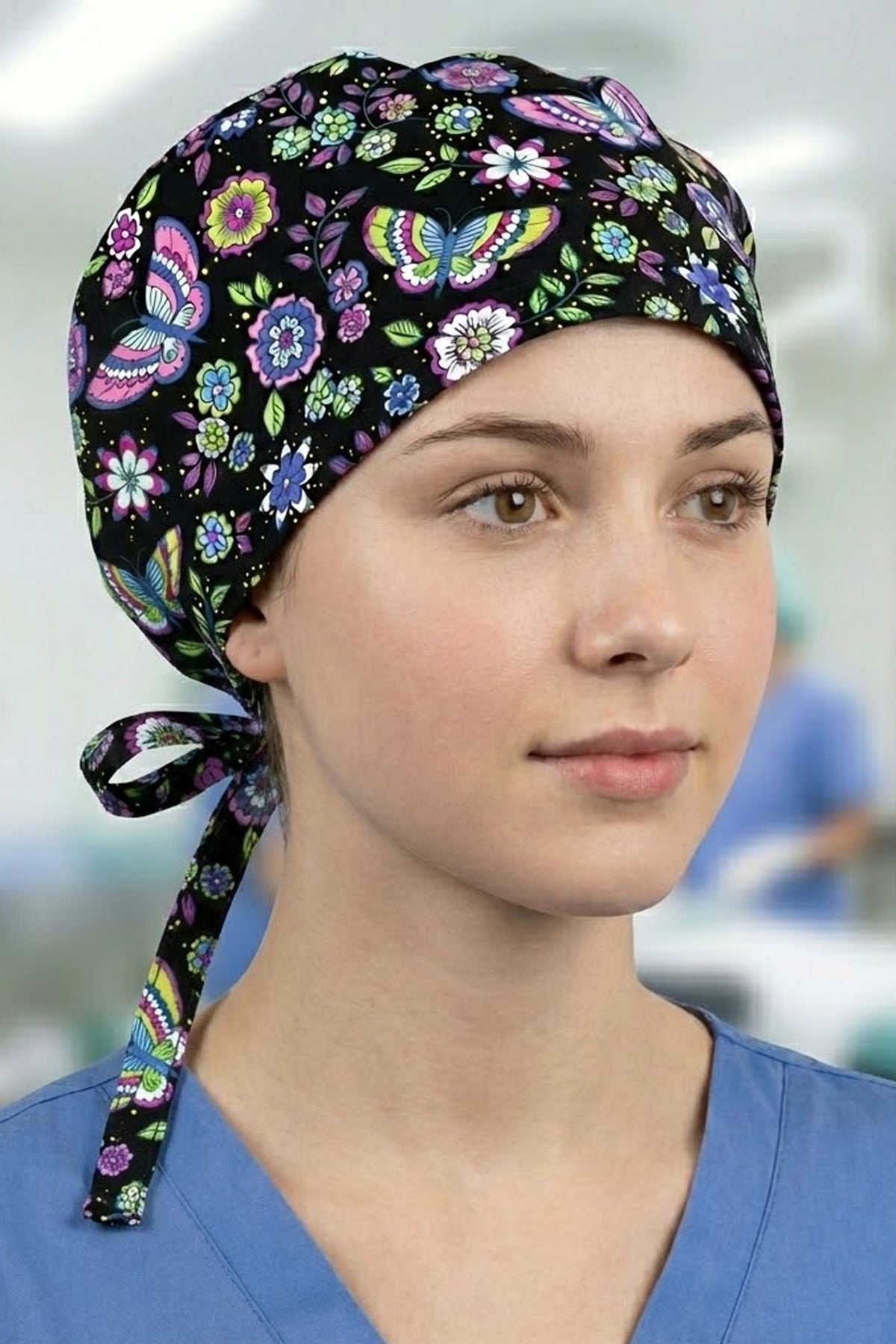Siyah Kelebek Desenli Cerrahi Bone Unisex – Likralı Doktor Hemşire Bonesi - Siyah Kelebek
