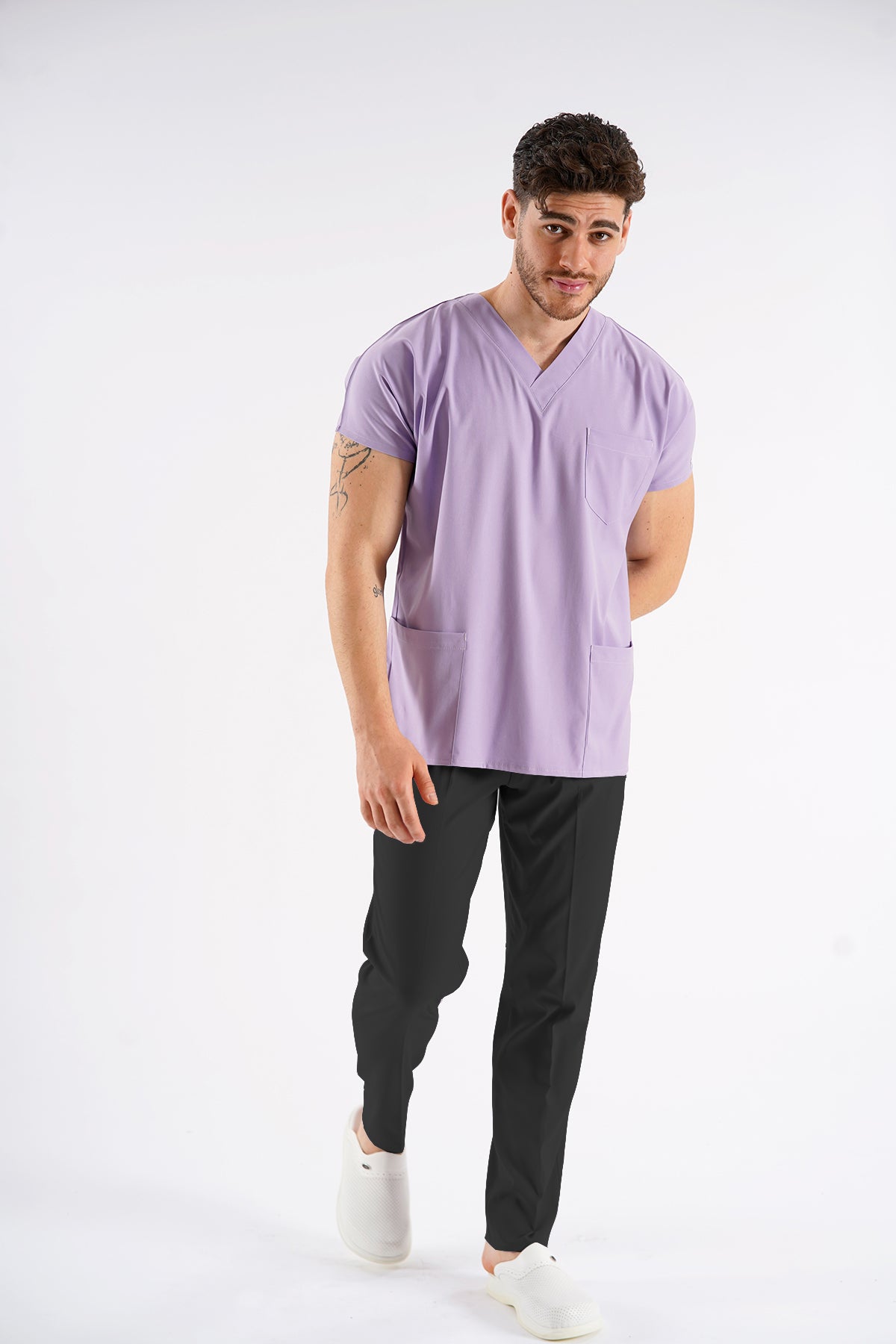 Lila Dr.Greys Modeli Likralı Hemşire Doktor Forması Scrubs Tek Üst Unisex Yarasa Kol