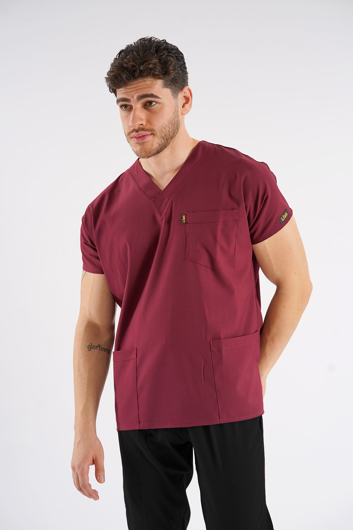 Bordo Dr.Greys Modeli Likralı Hemşire Doktor Forması Scrubs Tek Üst Unisex Yarasa Kol