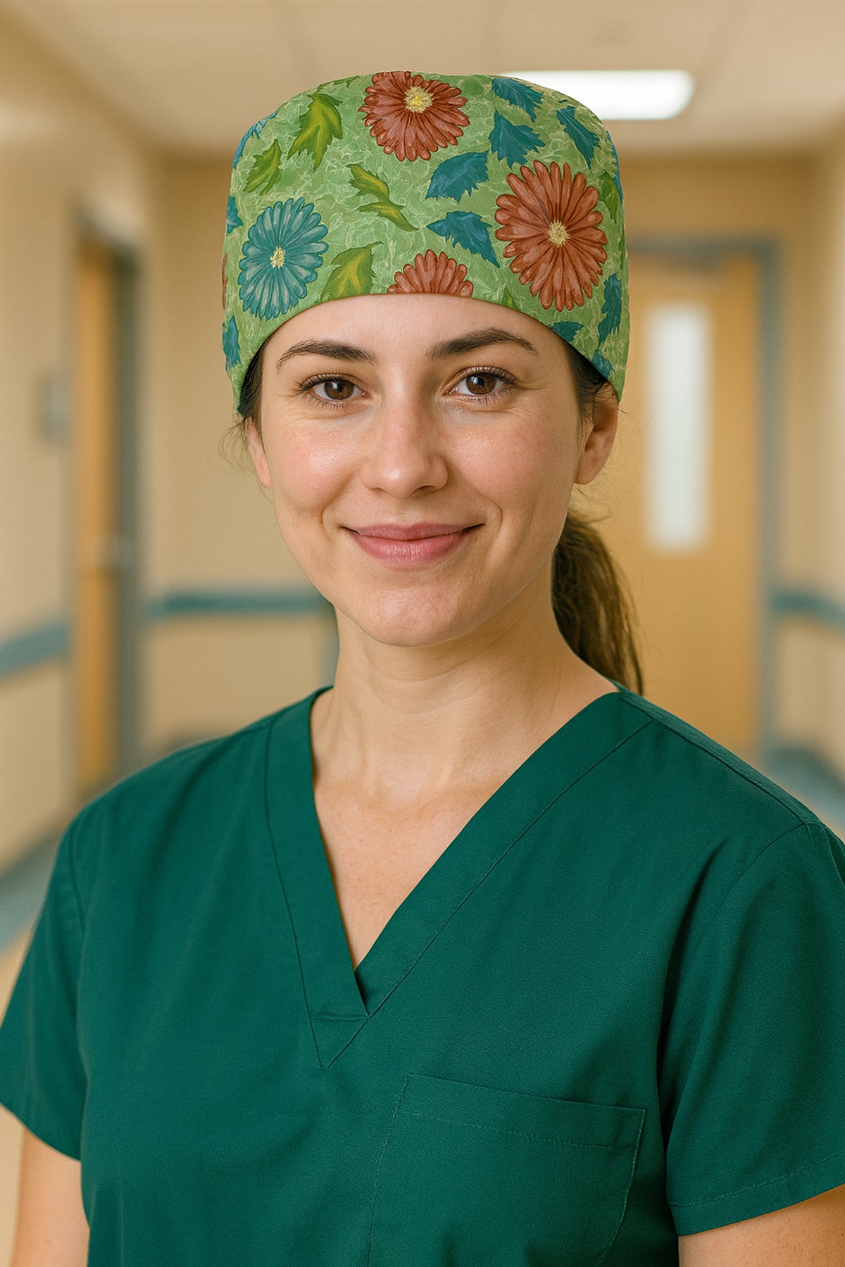 Mistik Çiçekler Desenli Cerrahi Bone Unisex – Likralı Doktor Hemşire Bonesi - Mistik Çiçekler
