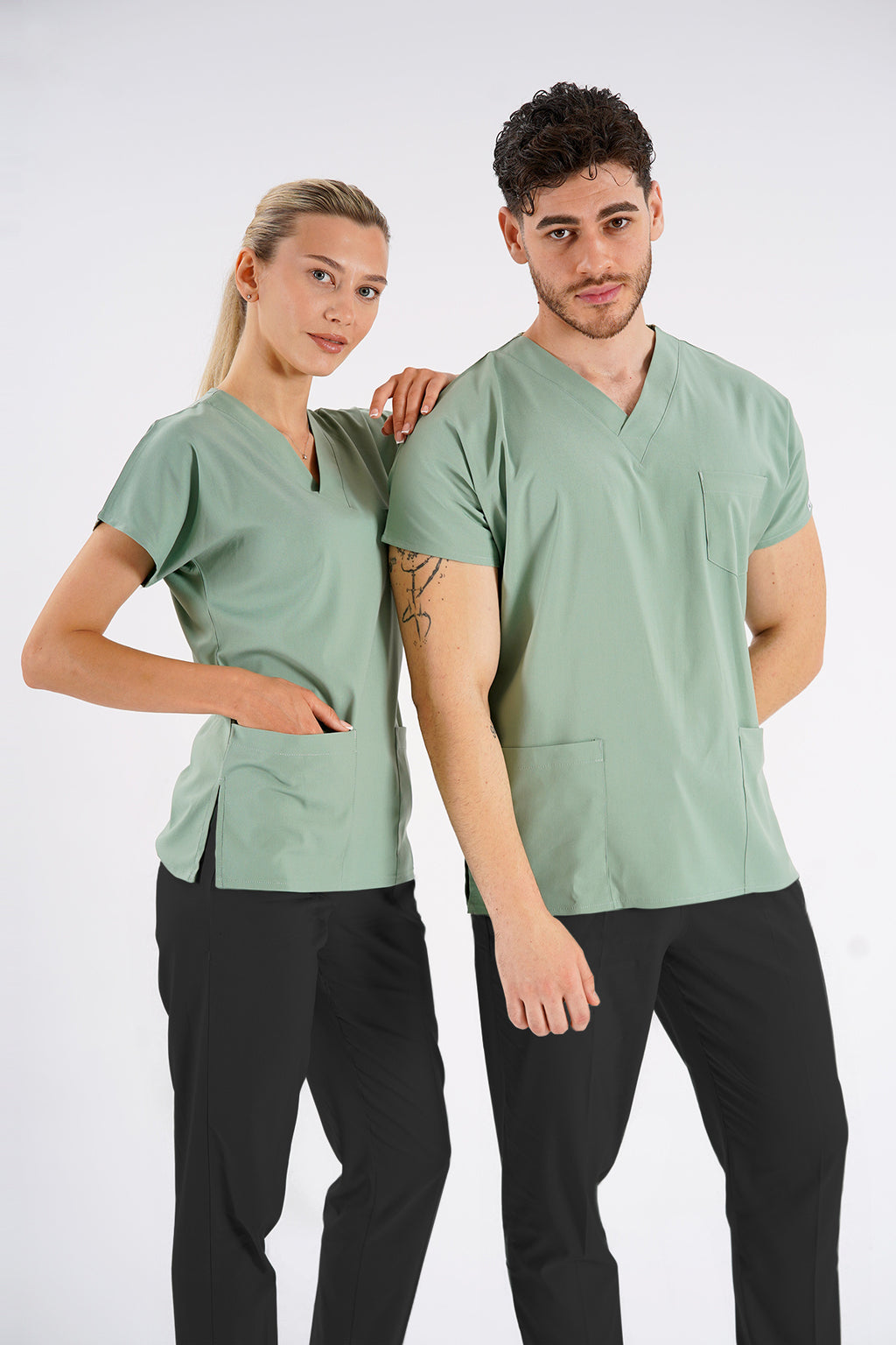 Küf Yeşili Dr. Greys Modeli Likralı Hemşire Doktor Forması Scrubs Tek Üst Unisex Yarasa Kol