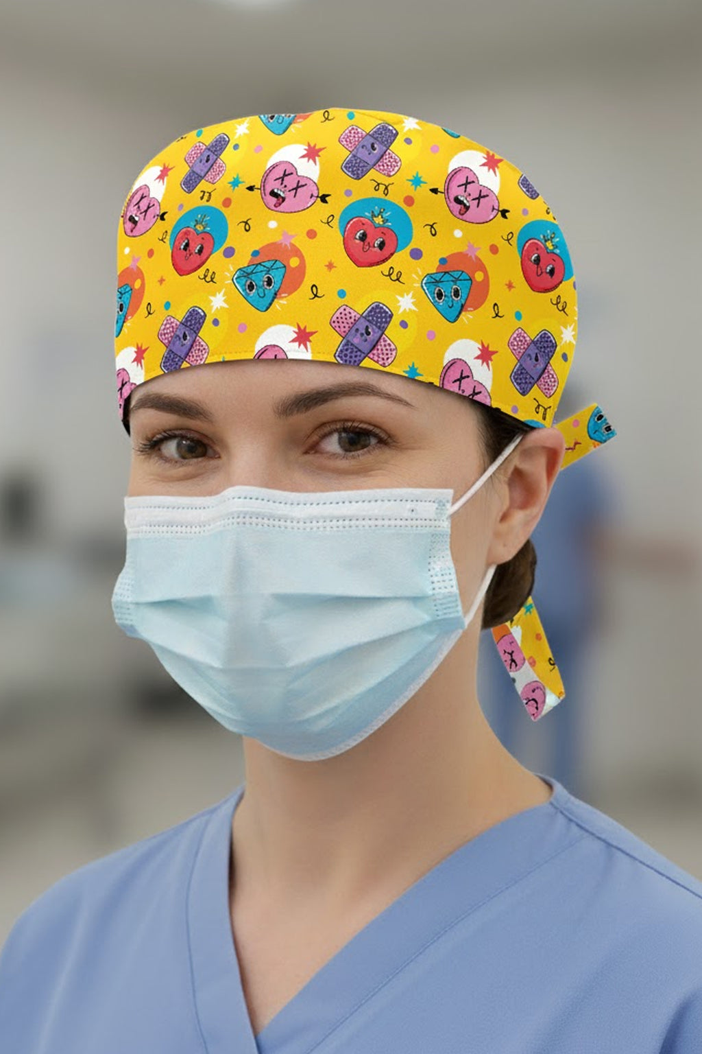 Kalp Yarabant Desenli Cerrahi Bone Unisex – Likralı Doktor Hemşire Bonesi - Kalp Yarabant