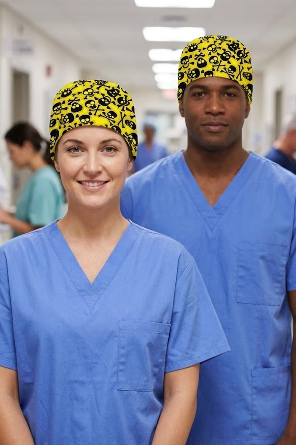 Sarı Kurukafa Desenli Cerrahi Bone Unisex – Likralı Doktor Hemşire Bonesi - Sarı Kurukafa