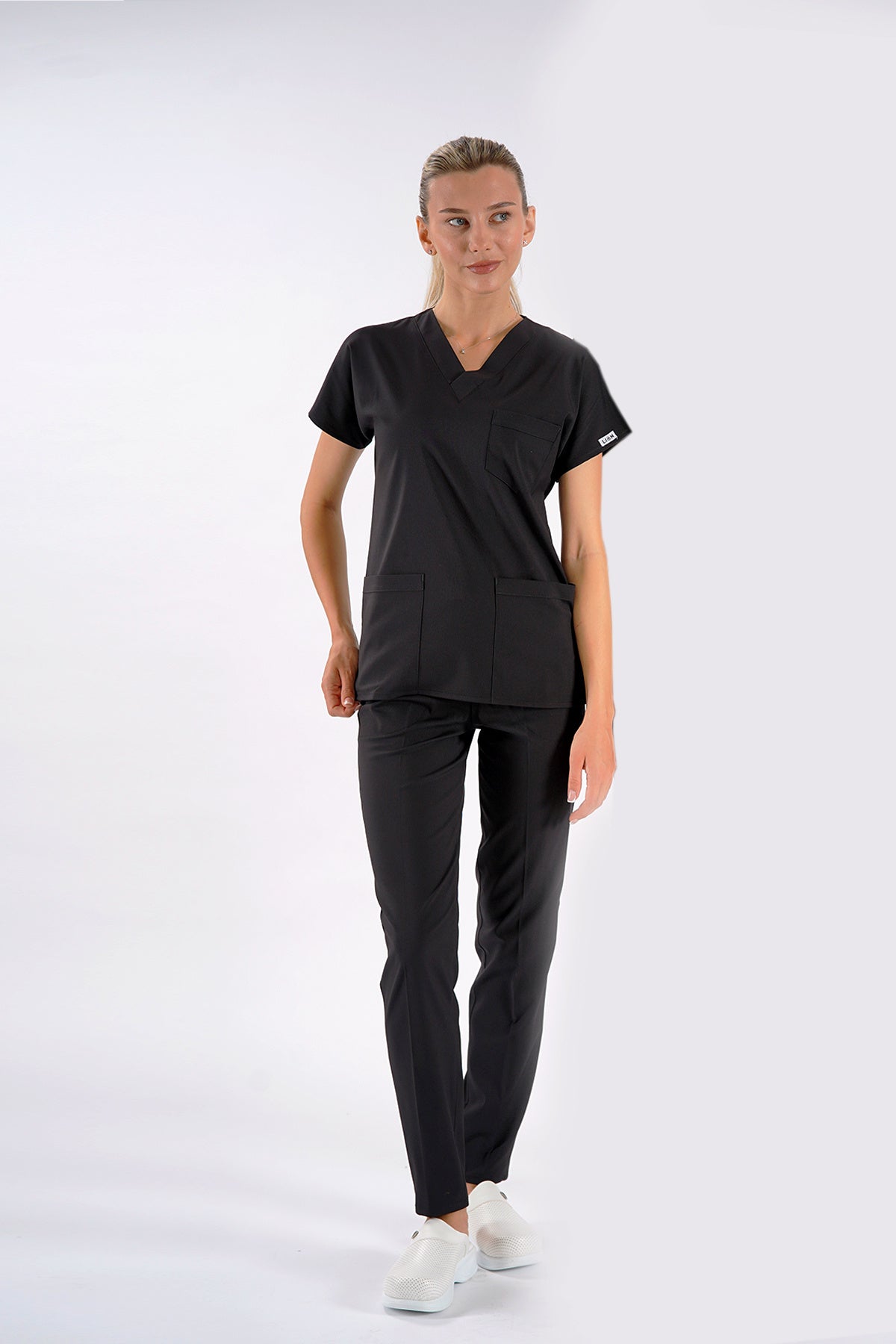 Siyah Dr. Greys Modeli Likralı Hemşire Forması Unisex Yarasa Kol Doktor Scrubs Hastane Takımı