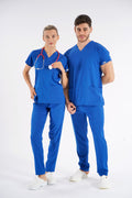Saks Mavisi Dr. Greys Modeli Likralı Hemşire Forması Unisex Yarasa Kol Doktor Scrubs Hastane Takımı