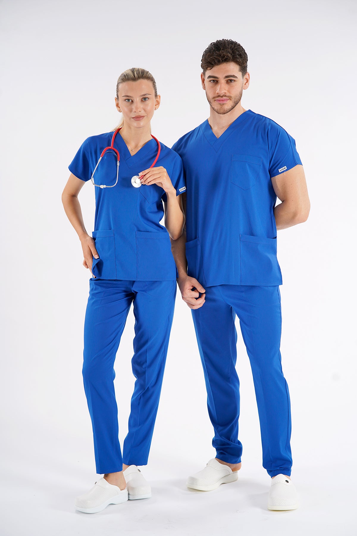 Saks Mavisi Dr. Greys Modeli Likralı Hemşire Forması Unisex Yarasa Kol Doktor Scrubs Hastane Takımı
