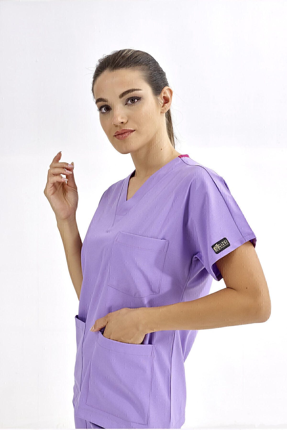 Lila Lüks Likralı Üniforma Takımlar Yüksek Kaliteli Likralı Scrubs