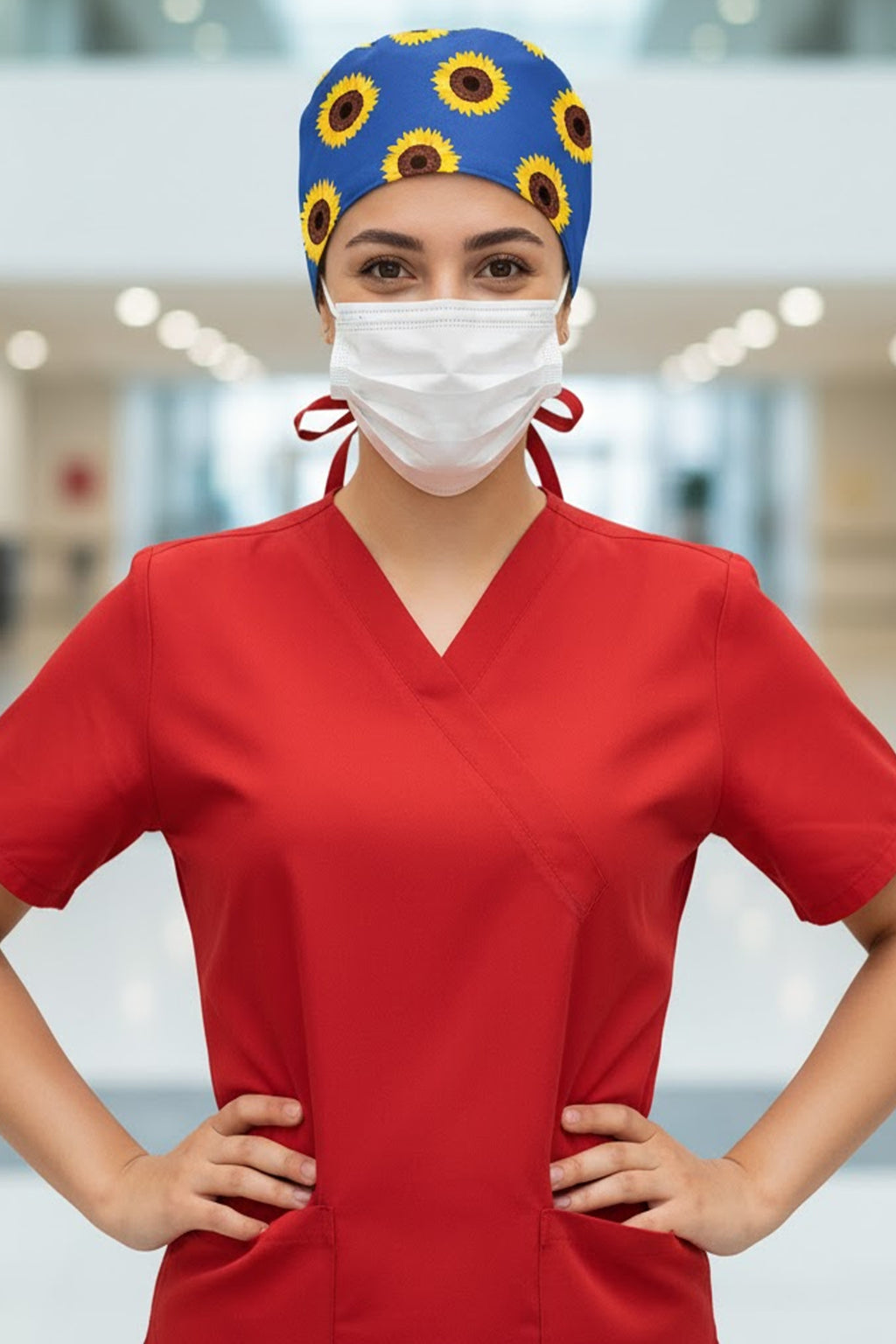 Ayçiçeği Desenli Cerrahi Bone Unisex – Likralı Doktor Hemşire Hastane Bonesi Kadın Erkek - Ayçiçeği