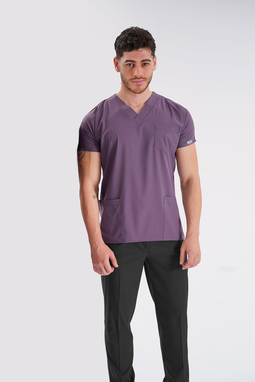 Açık Mürdüm Dr.Greys Modeli Likralı Hemşire Doktor Forması Scrubs Tek Üst Unisex Yarasa Kol