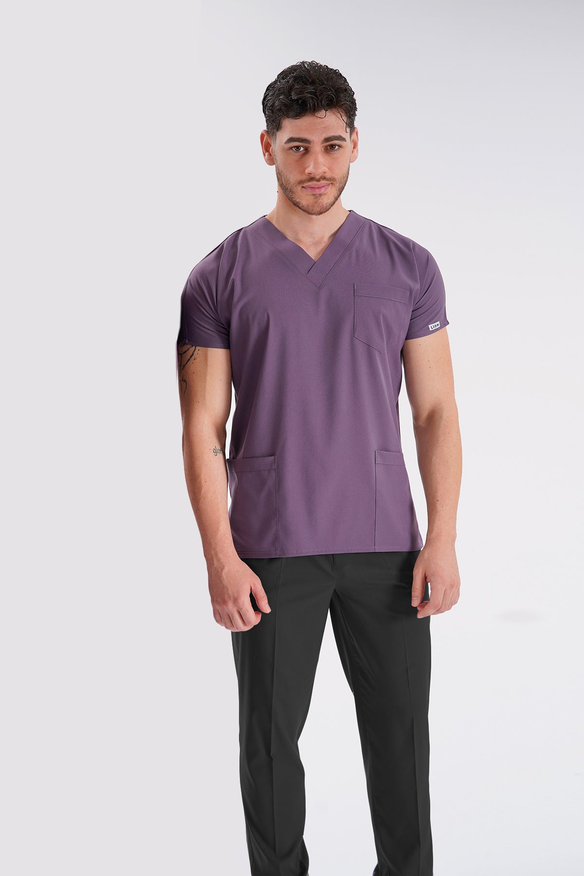 Açık Mürdüm Dr.Greys Modeli Likralı Hemşire Doktor Forması Scrubs Tek Üst Unisex Yarasa Kol