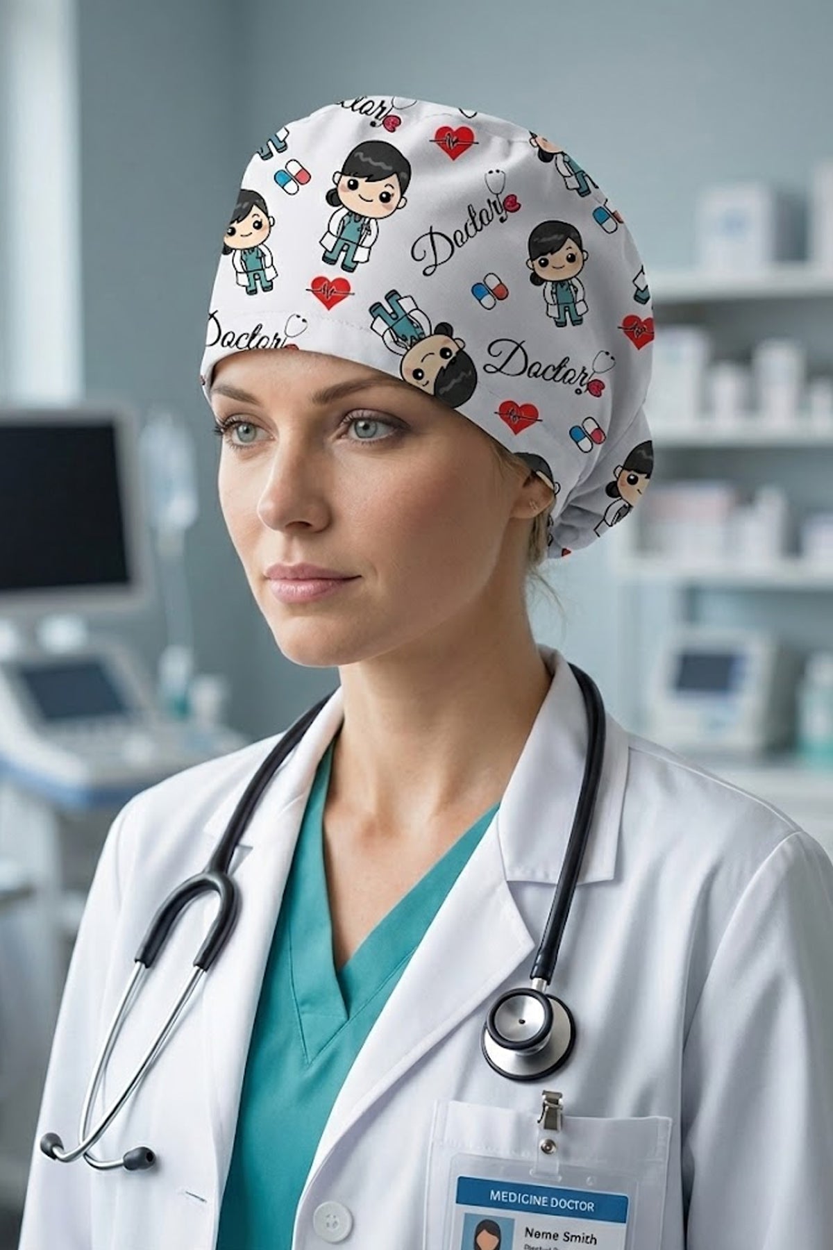Doctor Desenli Cerrahi Bone Unisex – Likralı Doktor Hemşire Bonesi - Doctor