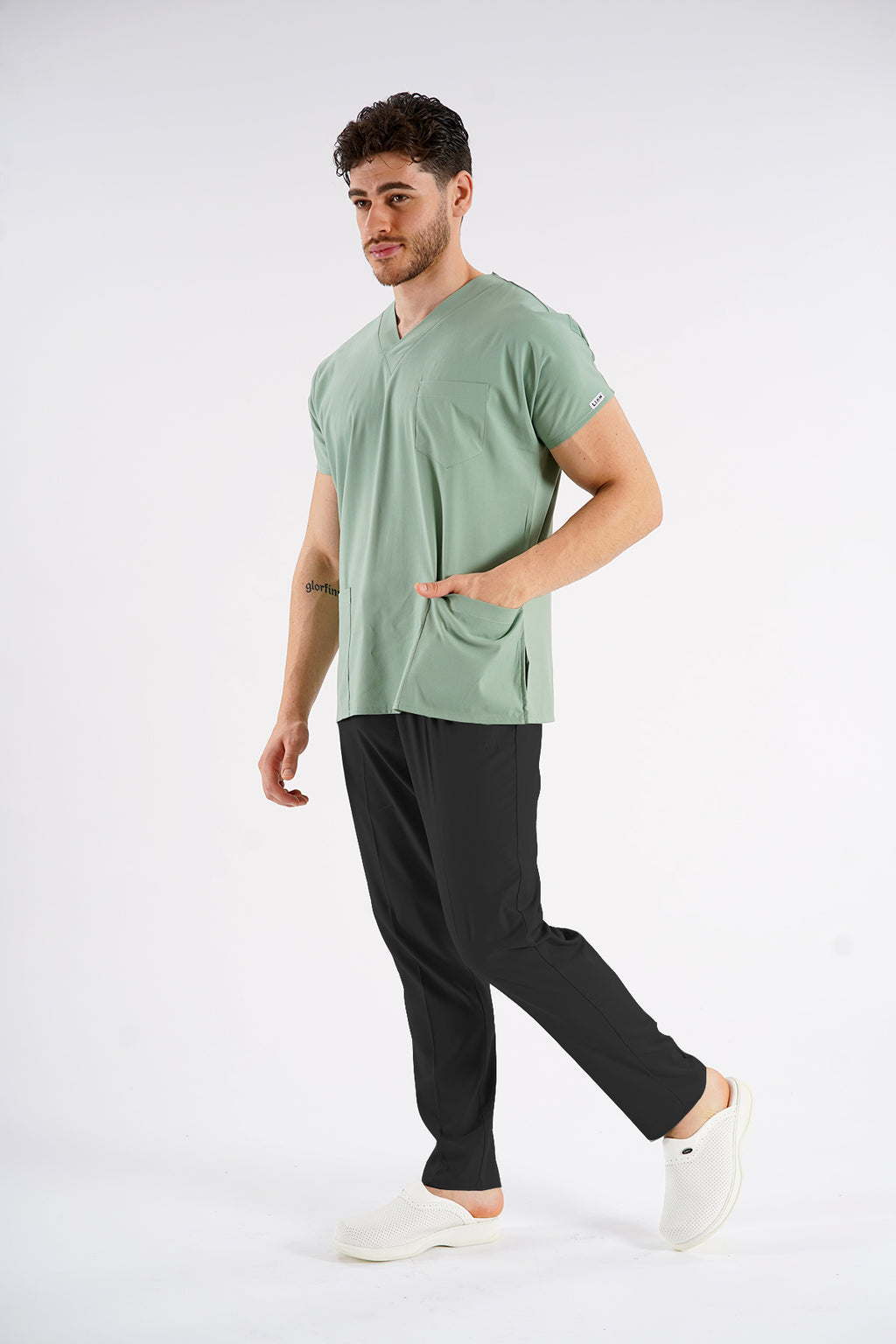 Küf Yeşili Dr. Greys Modeli Likralı Hemşire Doktor Forması Scrubs Tek Üst Unisex Yarasa Kol