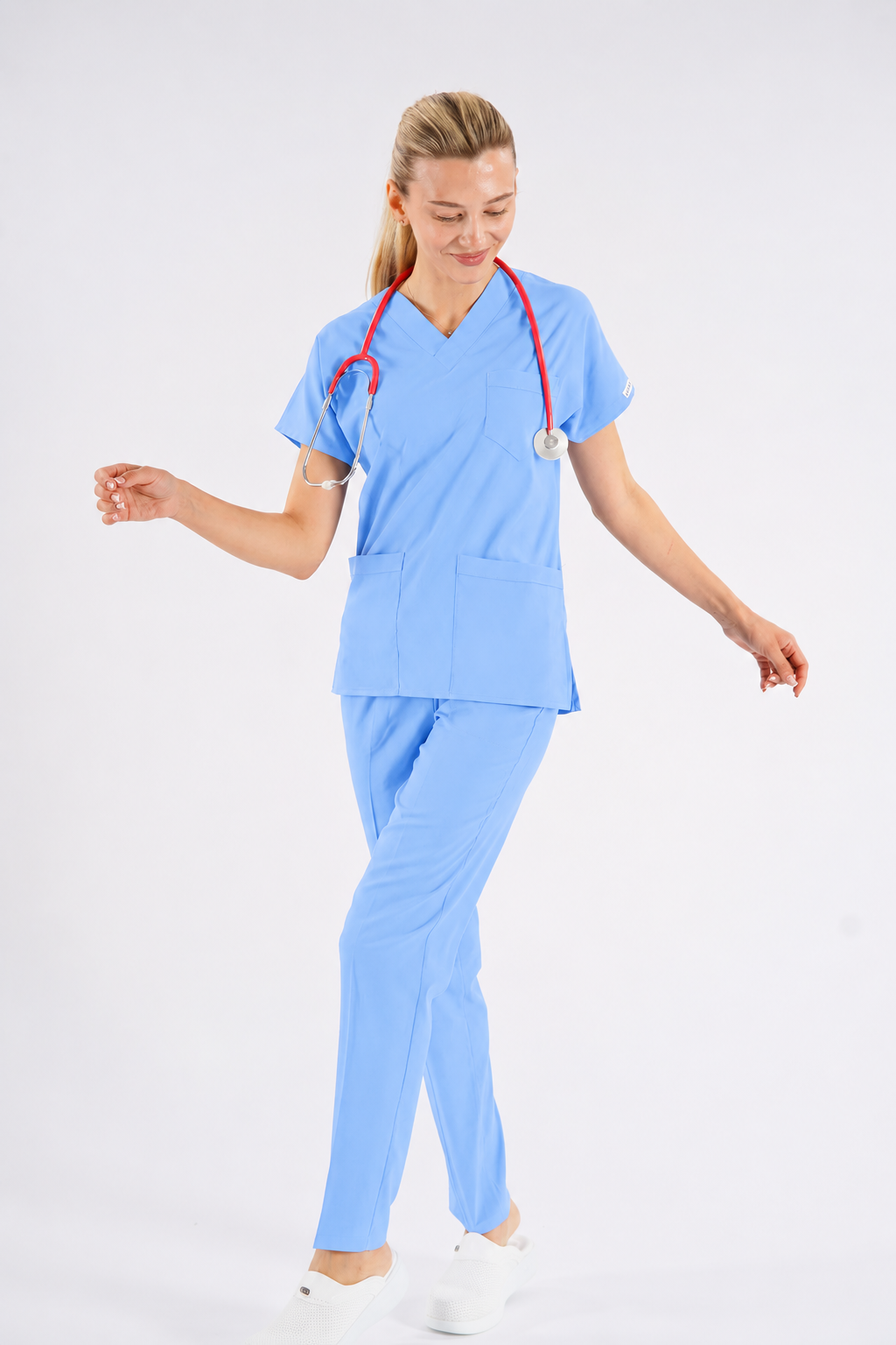 Açık Mavi Dr. Greys Modeli Likralı Hemşire Forması Unisex Yarasa Kol Doktor Scrubs Hastane Takımı