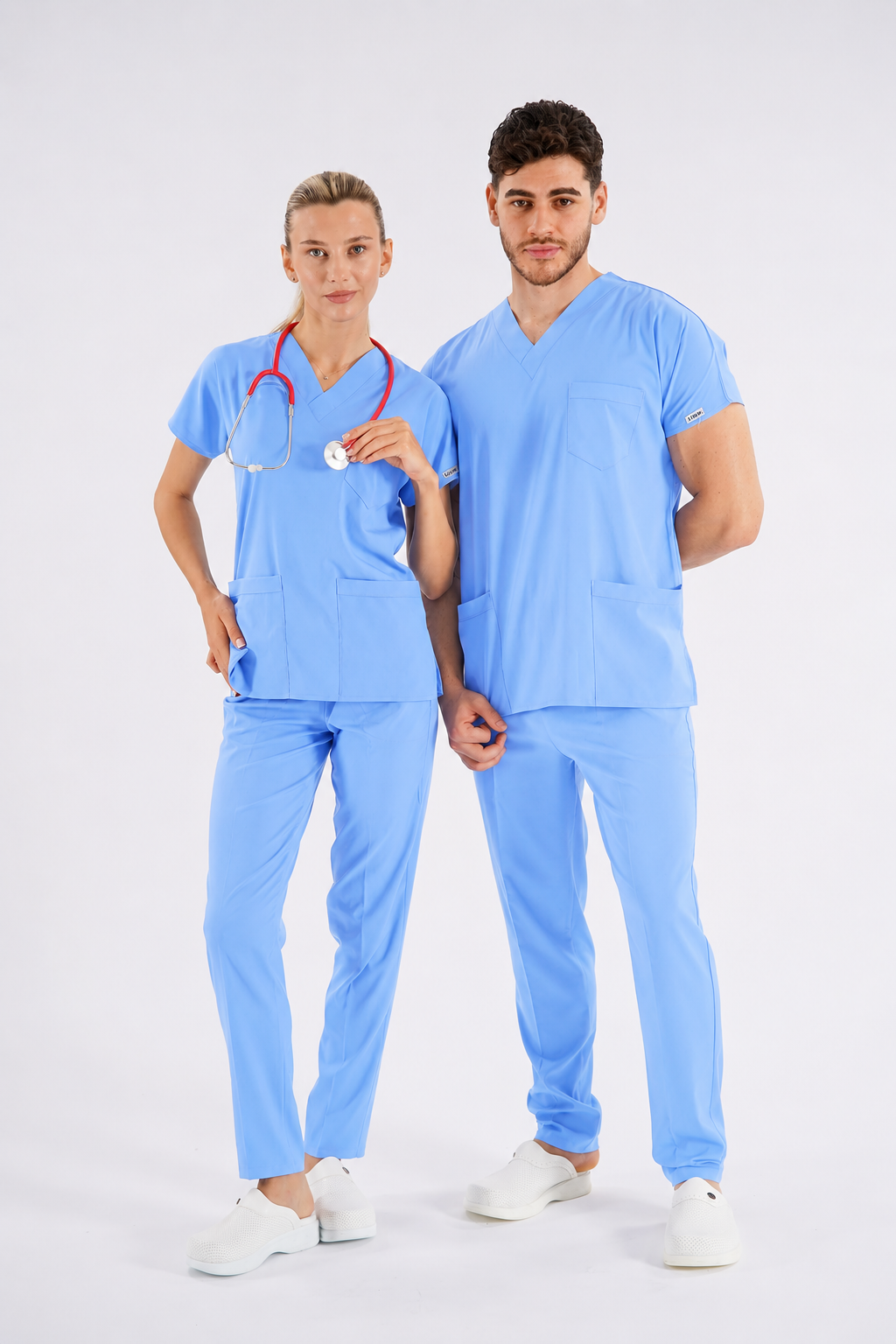 Açık Mavi Dr. Greys Modeli Likralı Hemşire Forması Unisex Yarasa Kol Doktor Scrubs Hastane Takımı