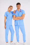 Açık Mavi Dr. Greys Modeli Likralı Hemşire Forması Unisex Yarasa Kol Doktor Scrubs Hastane Takımı