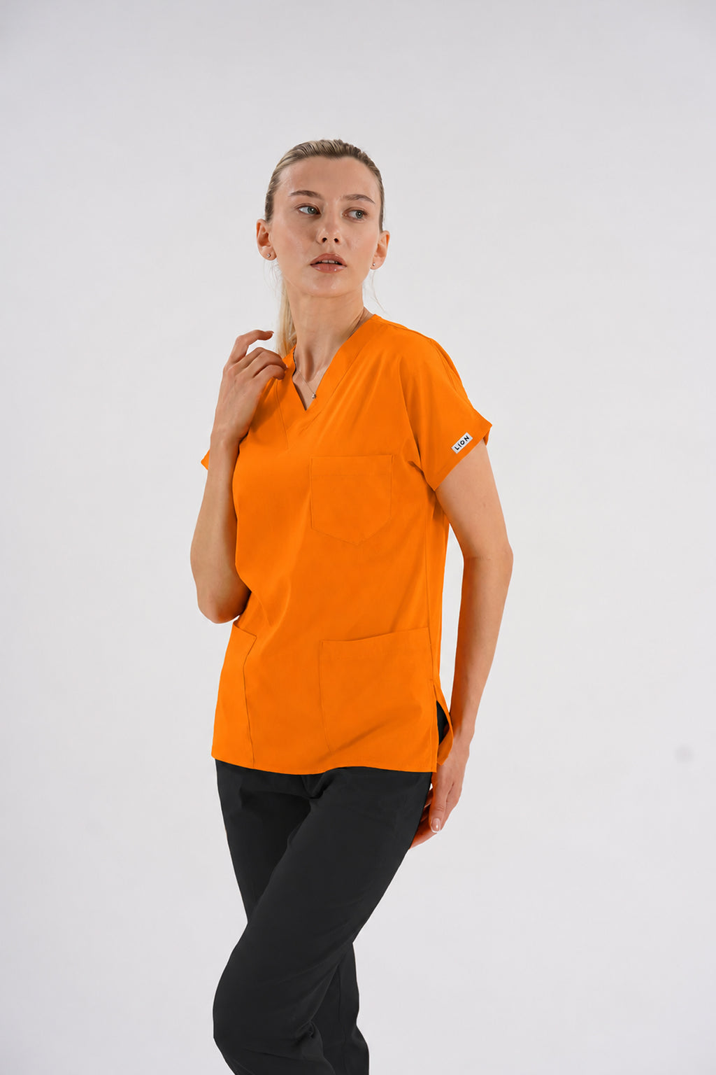 Turuncu Dr.Greys Modeli Soft Likralı Hemşire Doktor Forması Scrubs Tek Üst Unisex Yarasa Kol