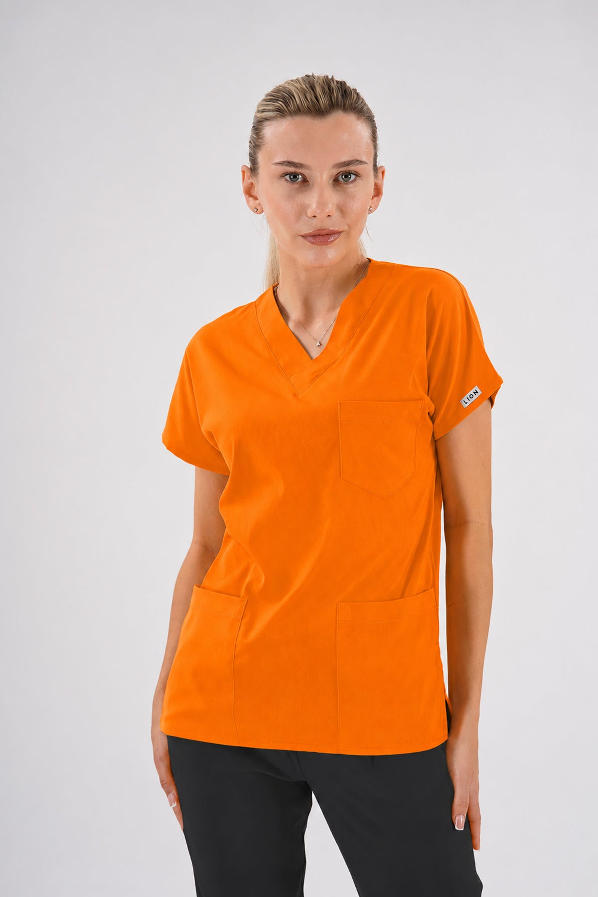 Turuncu Dr.Greys Modeli Soft Likralı Hemşire Doktor Forması Scrubs Tek Üst Unisex Yarasa Kol